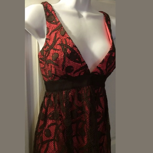 MILLY of New York Lace overlay Dress Floral Pink Brown V-Neck Empire Waist Shift - Picture 3 of 11